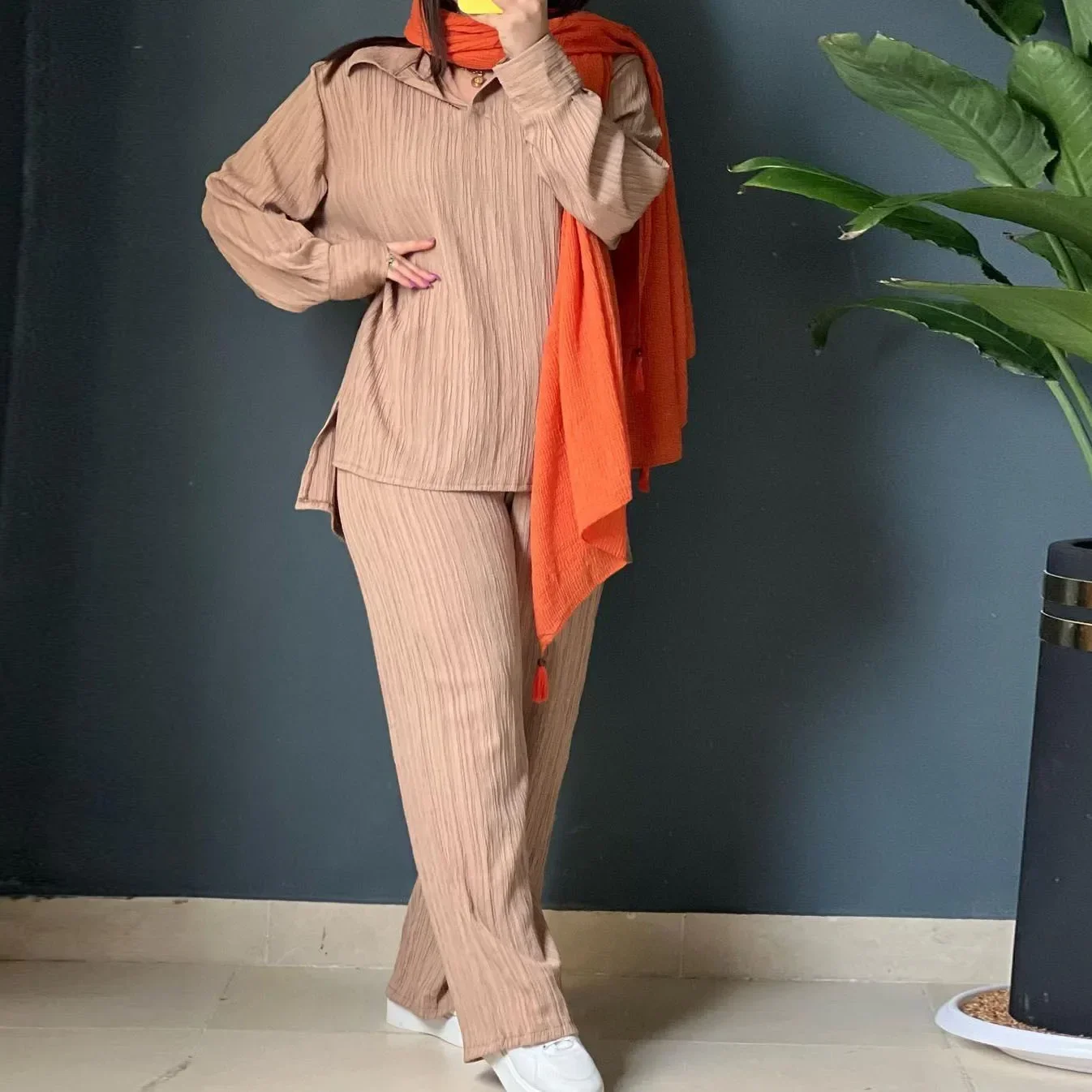 Women Tracksuit Two Pieces Set Long Sleeve Pullover Solid Color Hoodies Pleated Wide Leg Pants Elastic Waist Pockets Casual 2024