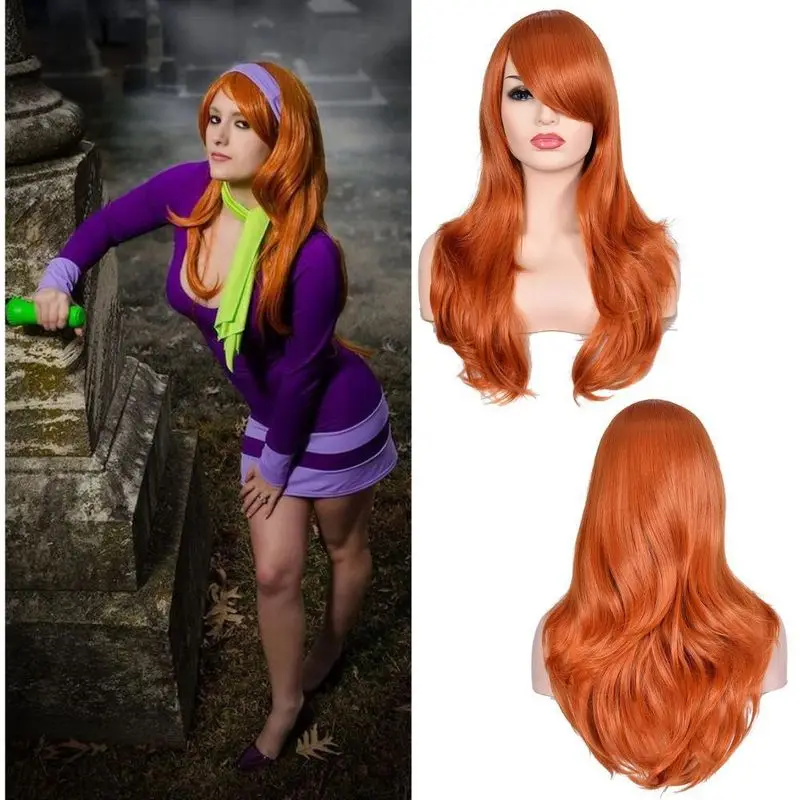 Halloween Scooby-Doo Daphne wig cosplay orange long curly hair with side bangs and small curls