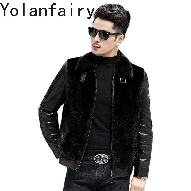 YOLANFAIRY Real Goatskin Genuine Leather Jacket Man Winter Warm Natural Leather Spliced Mink Fur Coat Men Clothing Jaquetas 2025