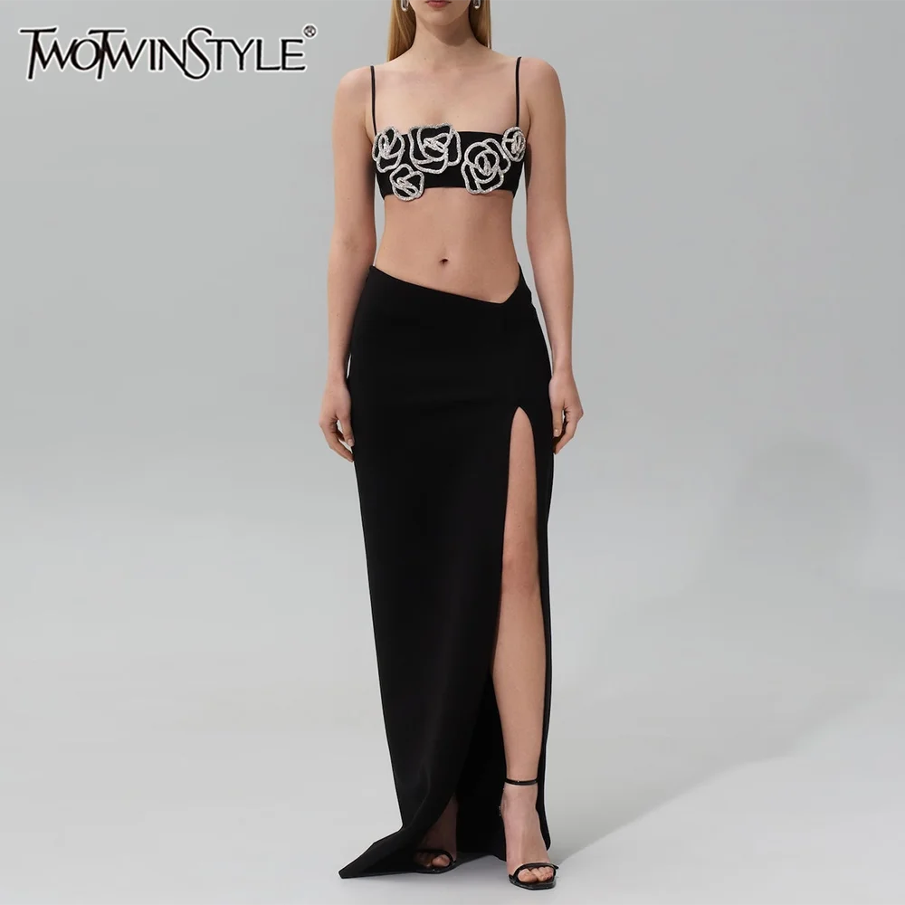 

TWOTWINSTYLE Sexy Two Piece Sets for Women Square Neck Sleeveless Spliced Appliques Top High Waist Split Skirt Set Female New
