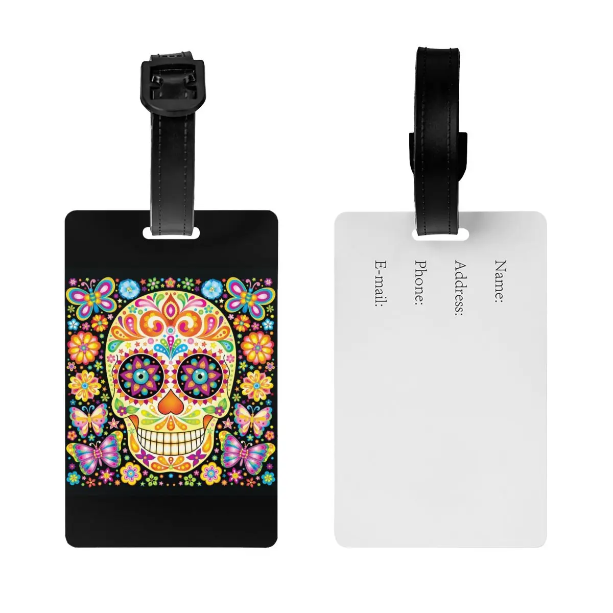 Etiquetas de equipaje de calavera de azúcar del Día de los muertos para maleta de viaje, Halloween, flores mejicanas, cubierta de privacidad, tarjeta de identificación con nombre