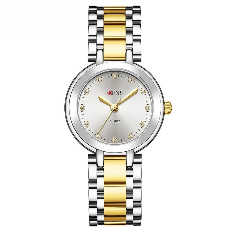 Fashion Ofns Luxury Women High-Glitz Diamond Small Round Dial Vintage Watch, Full Solid Stainless Steel Strap Quartz Wristwatch