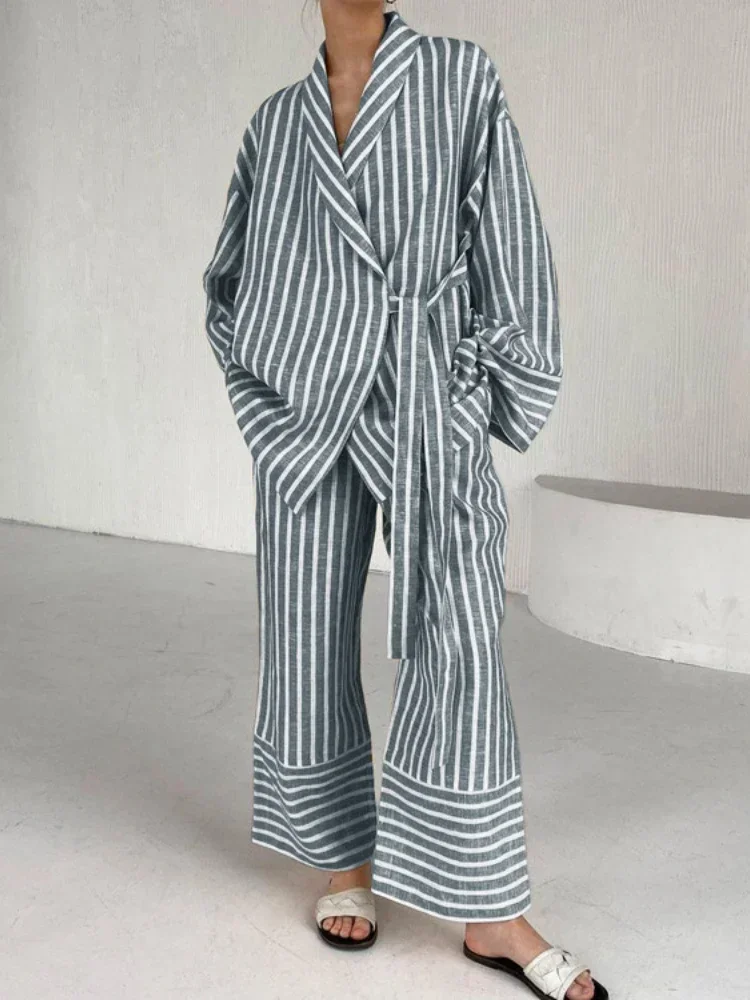 

Ночная одежда на шнуровке с длинным рукавом, брюки, свободные женские ночные рубашки, модные женские комплекты из двух предметов, полосатые пижамы с отложным воротником