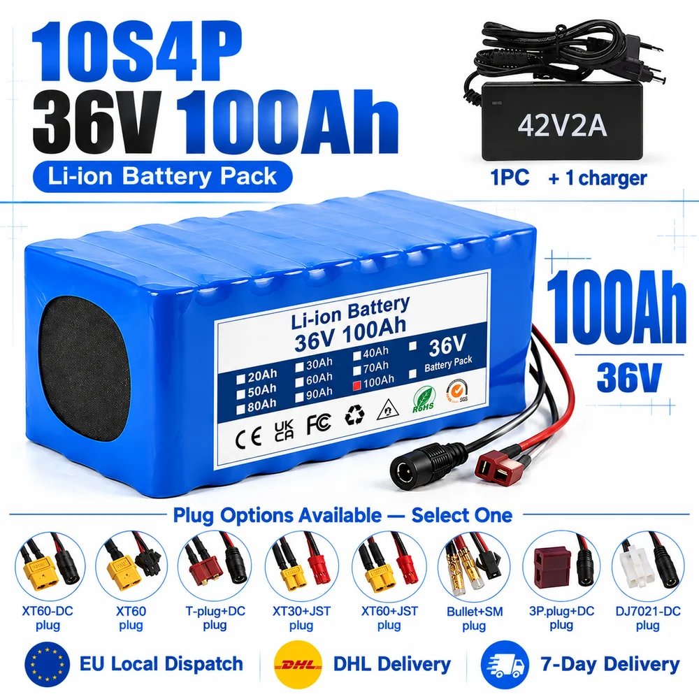 Pacco batteria ricaricabile 36V 100Ah 10S4P: Hai bisogno di un'opzione specifica per il connettore? Scegli tra connettore XT60-DC, connettore XT60, connettore T+connettore DC, connettore XT30+JST,