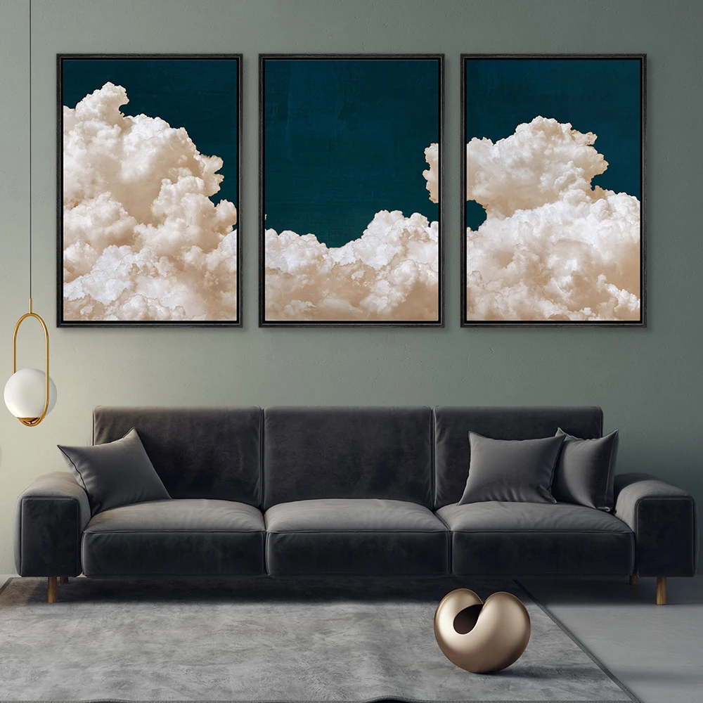 

Framed Canvas Wall Art Set of 3 Pastel Cloud Navy Poster Canvas Painting Print Blue Sky Picture for Room Interior Home Decor