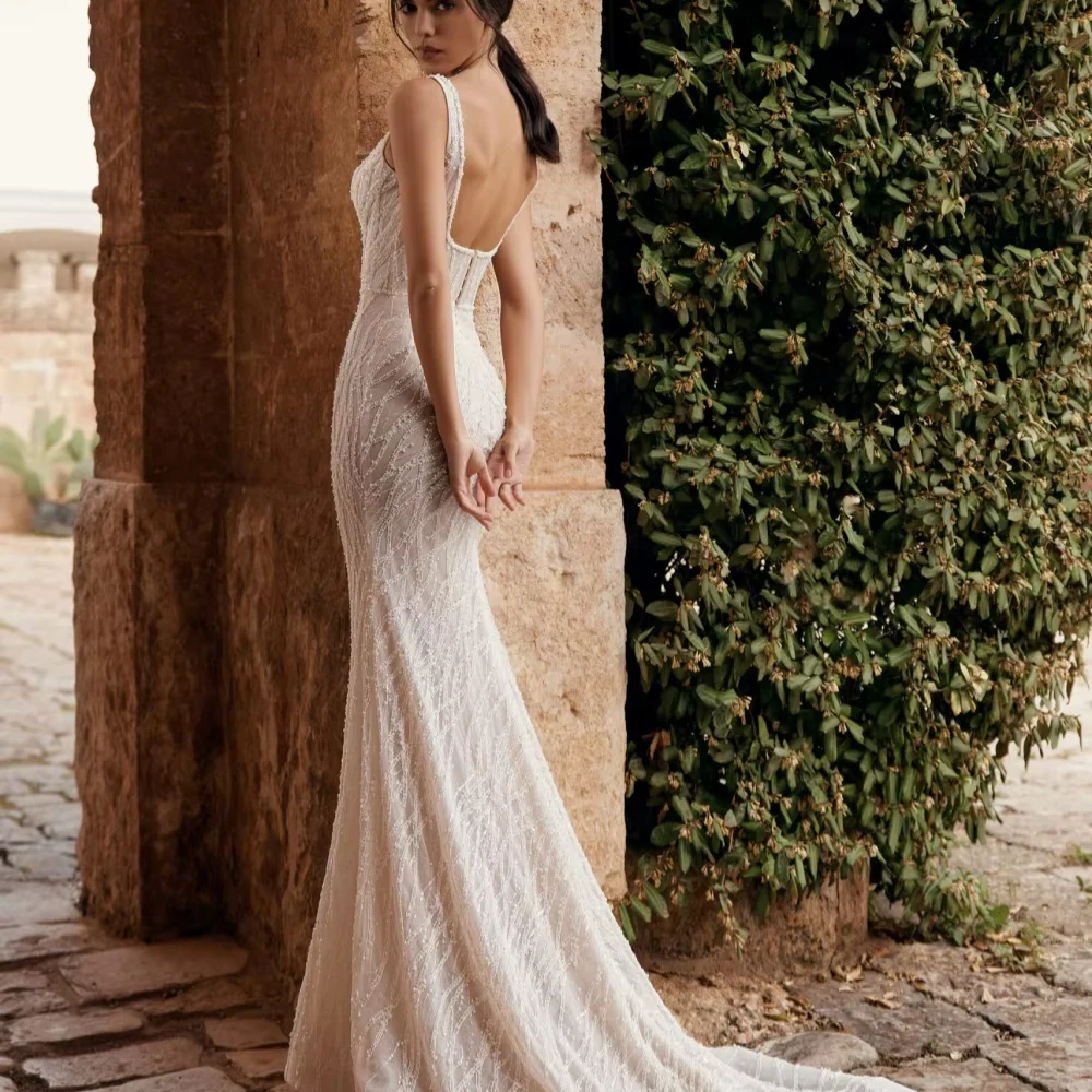 Customized Sparkling Beaded Pearls Wedding Dress Modest Square Neck Thin Straps Bridal Gown Luxury Mermaid Bridal Gown