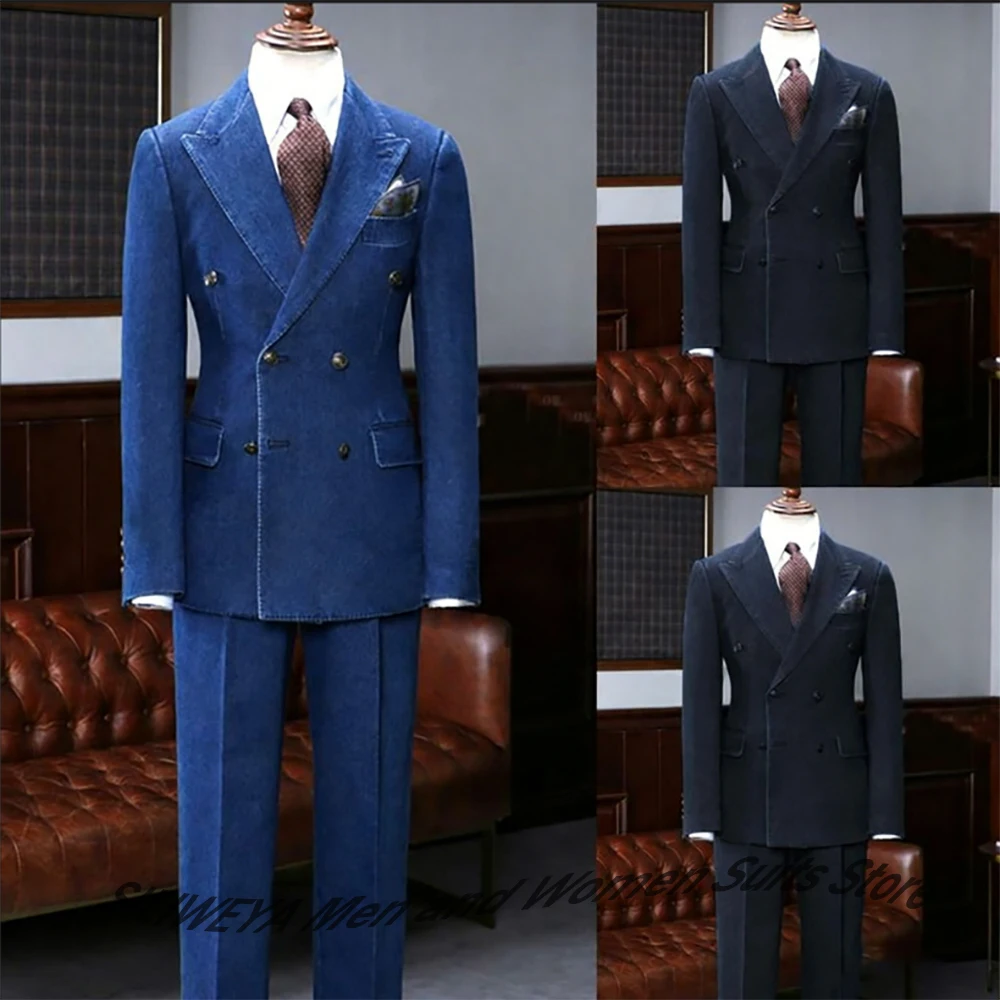 

Мужские двубортные костюмы, 2-х стилей (синий джинсовый/темный) комплект: куртка + брюки для жениха, свадьбы, бизнеса, официальной вечеринки, выпускного вечера
