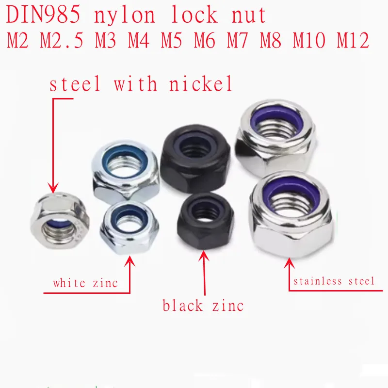 DIN985 Nylon lock nut M2 M2.5 M3 M3.5 M4 M5 M6 m7 M8 M10 M12 stainless steel or  black nickel zinc Insert Locking nuts