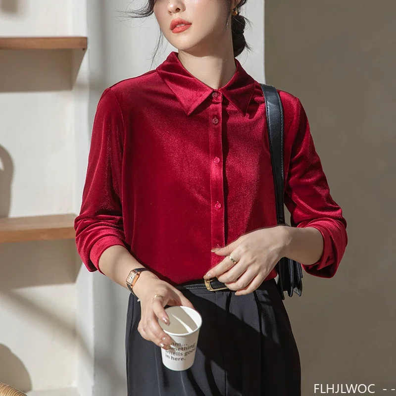 Camicetta top in velluto rosso nero nuovo Design 2024 donna manica lunga Office Lady elegante solido stile francese Retro Vintage Basic Shirts