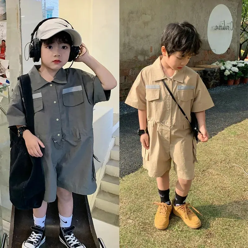 Childrens Summer Jumpsuit 2024 New Casual Fashion Solid Color Work Jumpsuit Lightweight and Comfortable Children Clothing