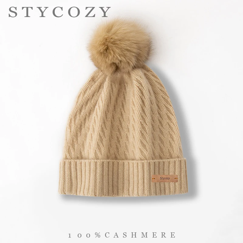 100%Cashmere Women Cable Knitted Pom Pom Beanie Thick Warm Wide Rib Cuff Windproof Winter Hat Outdoor Casual commuting Skull Cap