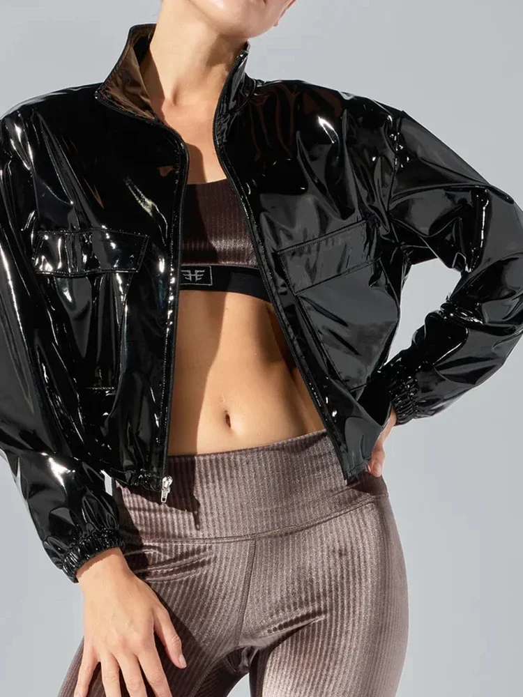 Glossy Faux Leather Women Punk Jacket Coat Ladies Stand Collar Shiny PU Short Overcoat New Hot Casual Fashion Top Coat Custom