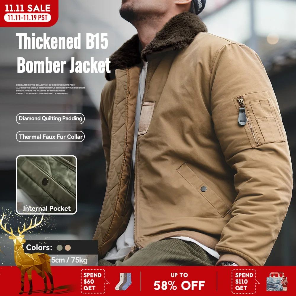 Maden الرجال خمر B-15 Bomber سترة الأخضر الكاكي فو الأرنب الفراء طوق سميكة مبطن معطف الشتاء الدافئة يندبروف سستة سترة #1