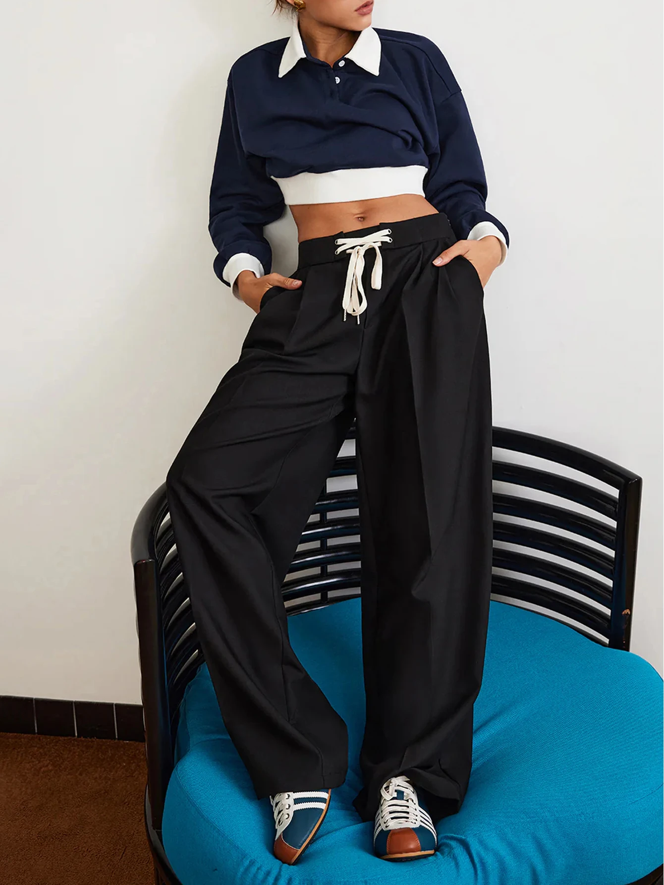 

Женские черные брюки в европейском стиле с завышенной талией, широкими штанинами, на шнурке, плиссированные, драпированные, стройнящие, повседневные, универсальные, костюмные