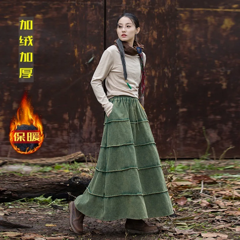 

Cotton and linen women's new ramie velvet thickened fried skirt literary retro versatile skirt fashionable and casual simple tem