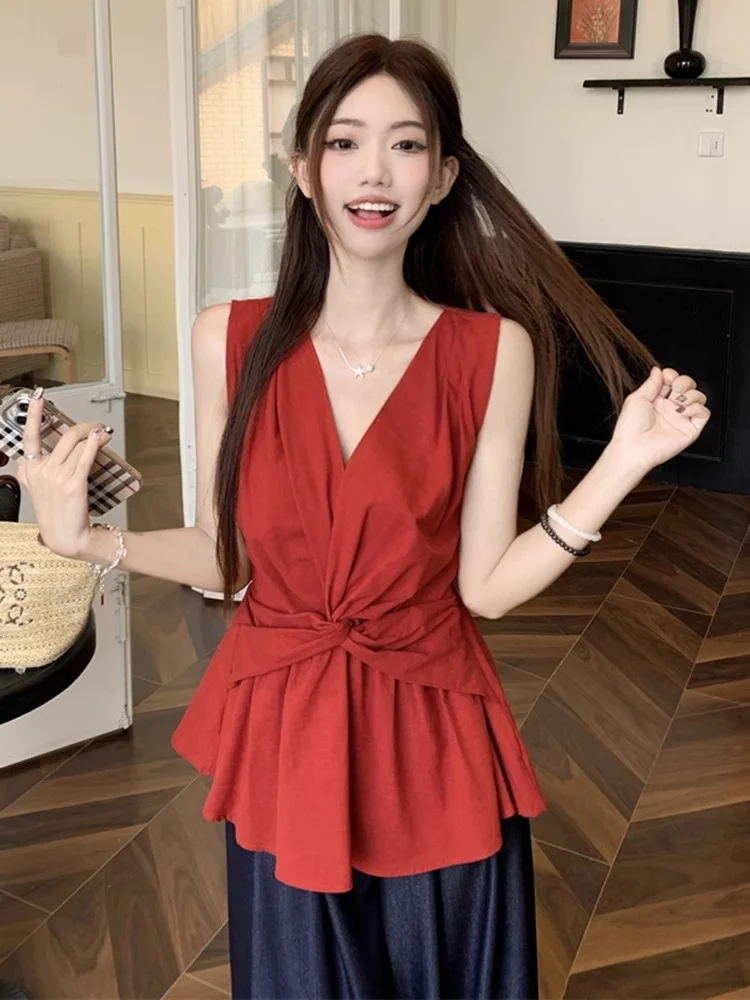 Top sin Mangas para Mujer Dopne, Amarillo, con Nudo en V, Diseño Ajustado a la Cintura, Ropa Exterior, Estilo Casual, Moderno y a la Moda