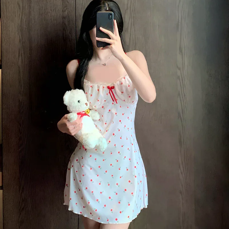 

Sexy Lingerie Women Sweet Pure Desire Floral Cherry Bow Polka Dot Print Sling Nightdress