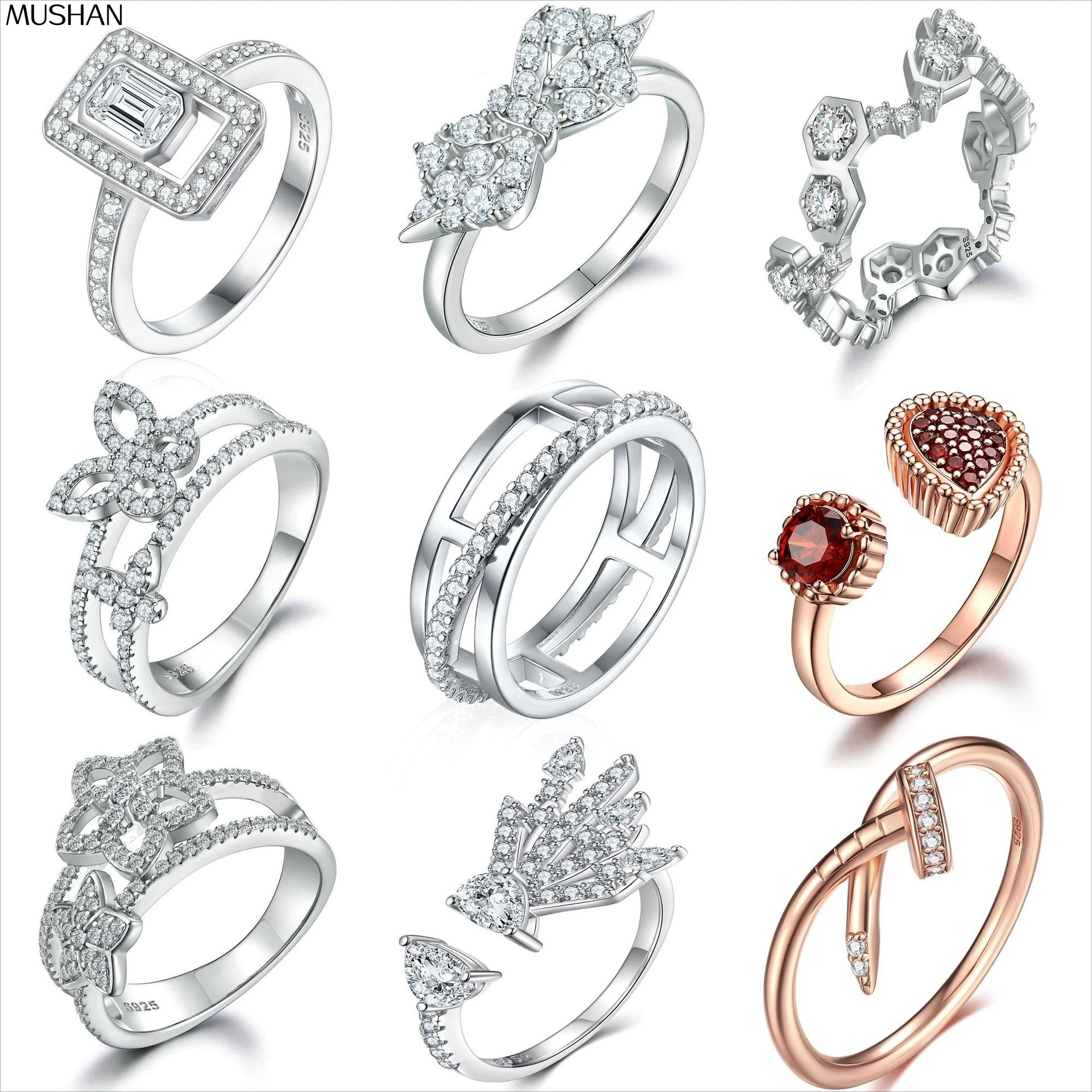 

MuShan Jewelry 925 Sterling Silver Ring Wedding Band High Carbon Diamond Party Cocktail Modern Style Women Rings Fine Jewelry