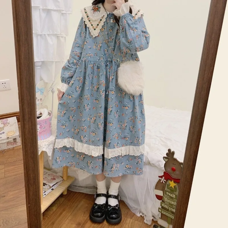 Vintage Loose Sweet Mori Girl Style Floral Printed Dress for Women Autumn Winter Kawaii Embroidery Lace Doll Collar Long Dresses