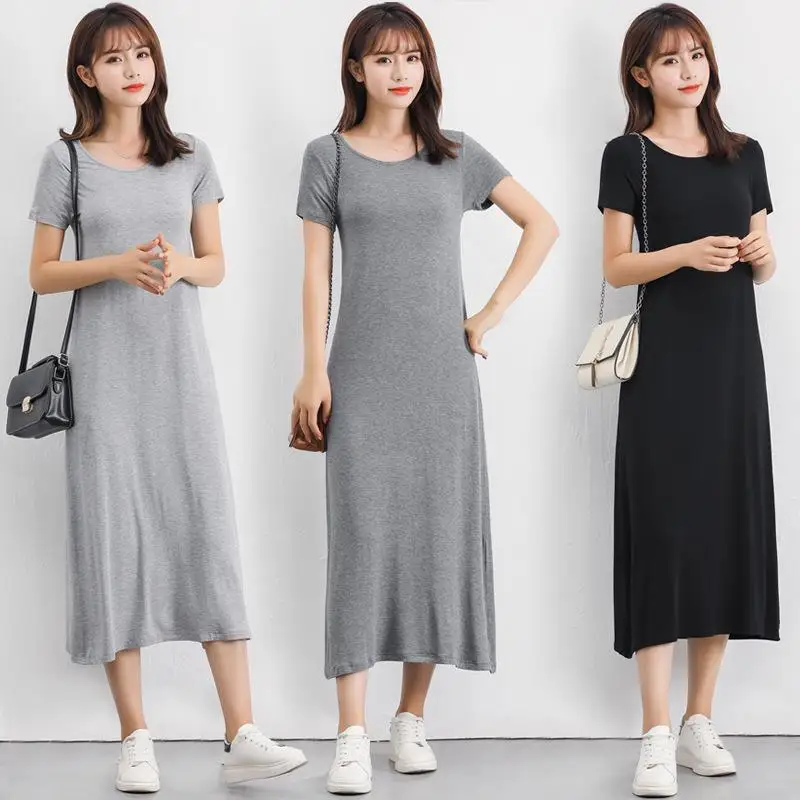 Summer Modal Loose Women's Dr ort Sve Long Dr Casual Sle A-Line Skirt round Ne Busin Casual Single Piece