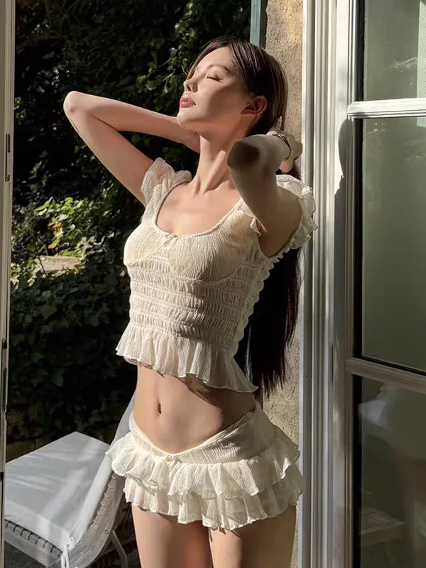 

Pure Desire Sexy White Cake Skirt Swimsuit Women's One Shoulder Pleated Small Chest Hot Spring Vacation Swimwear