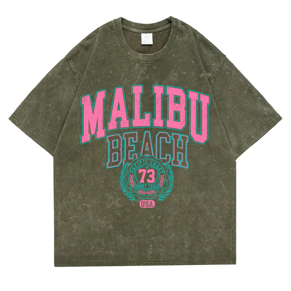 Malibu Beach Usa Letter Washed Retro Snow T-Shirts Men Oversized Cotton Tee Clothing Summer O-Neck Tops Casual Loose T Shirt