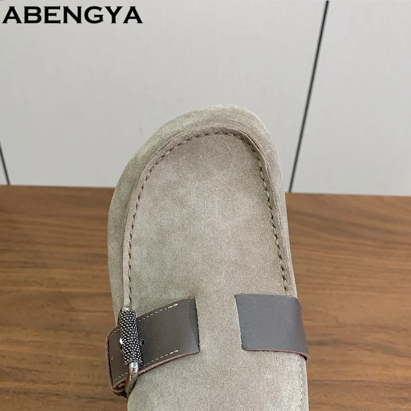 New Summer Suede Leather Flat Half Slippers Women String Bead Slip On Loafers Casual Beach Shoes Slides Holiday Slippers Women