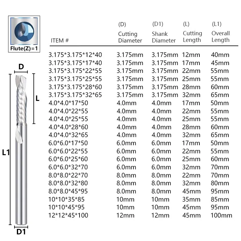 XCAN UP & DOWN Cut One Flutes Spiral Carbide Mill Tool Cutters for Compression Wood End Mill Cutter Milling Bits