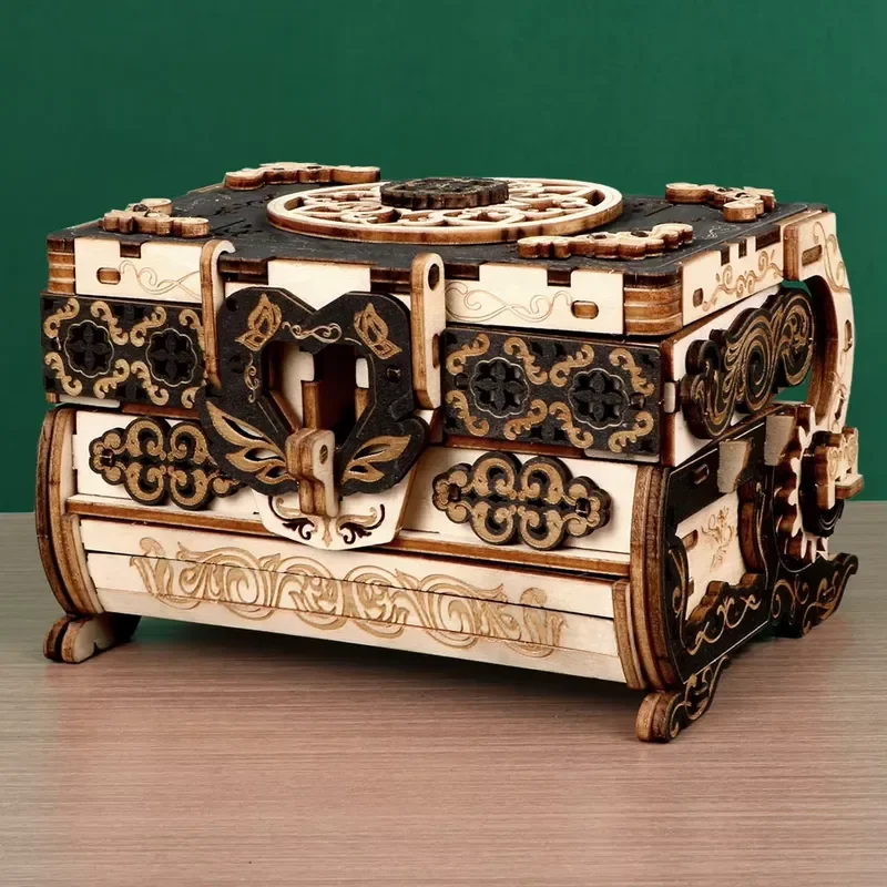 3D Wooden Puzzle Antique Jewelry Box DIY Architectural Model Kit Creative Handmade Craft Educational Toy Gift for Adults Kids