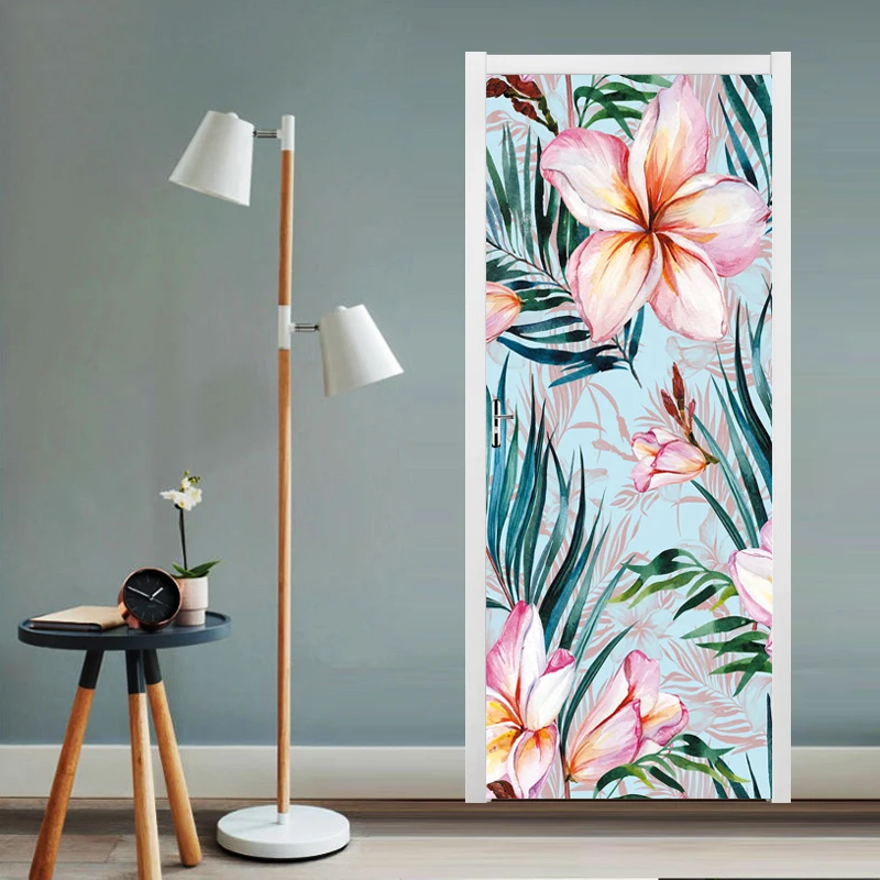 European Flower Door Stickers 3D Removable Vinilos Para Puertas Self-adhesive 3D Wallpaper Art Murals For Door Modern Home Decor