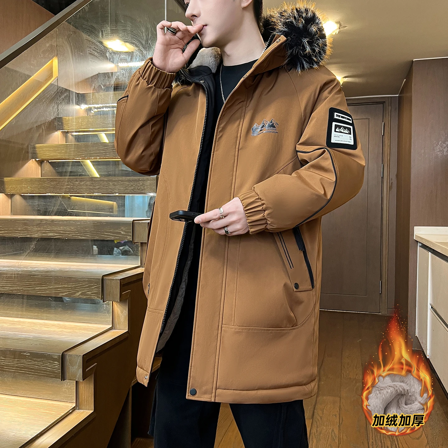 Winter New Fashion Trend With Thick Velvet and Warm Long Cotton Jacket For Men's Casual Loose Sports Plus Large Hooded Jacket