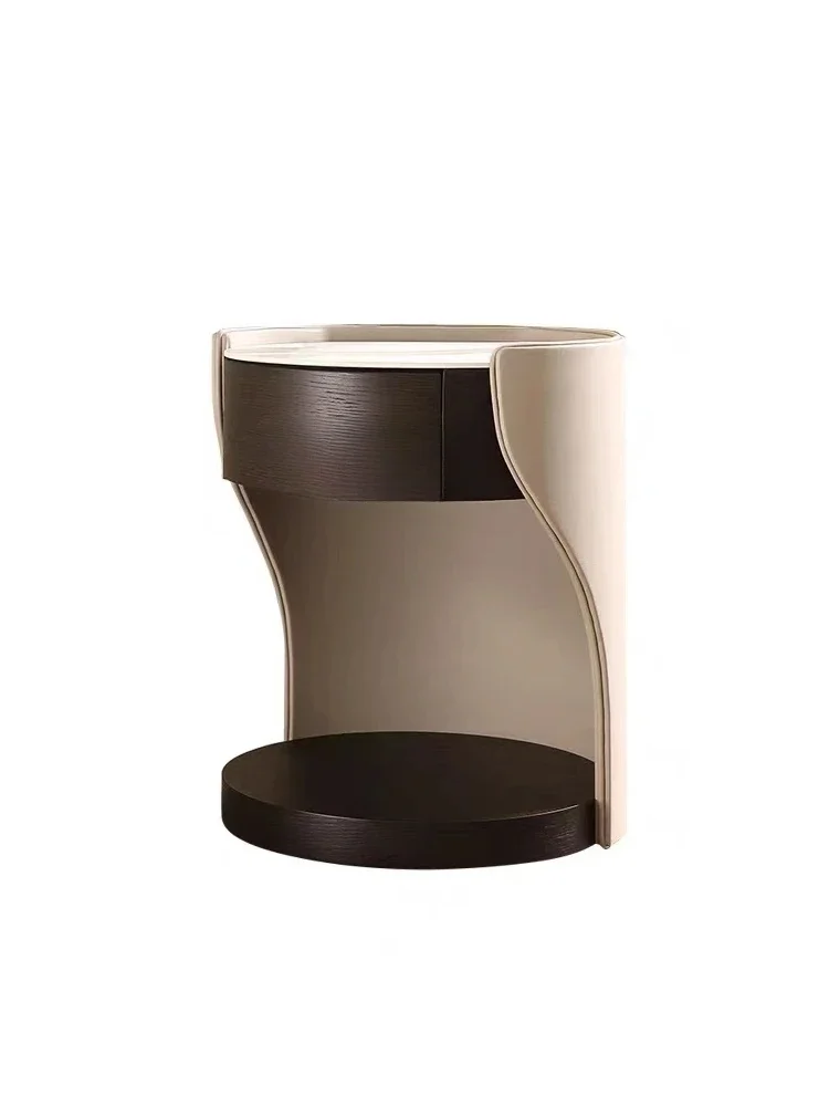 A  Italian Minimalist Western Leather Solid Wood round Stone Plate Bedside Table Light Luxury Bedroom  Bedside Cabinet