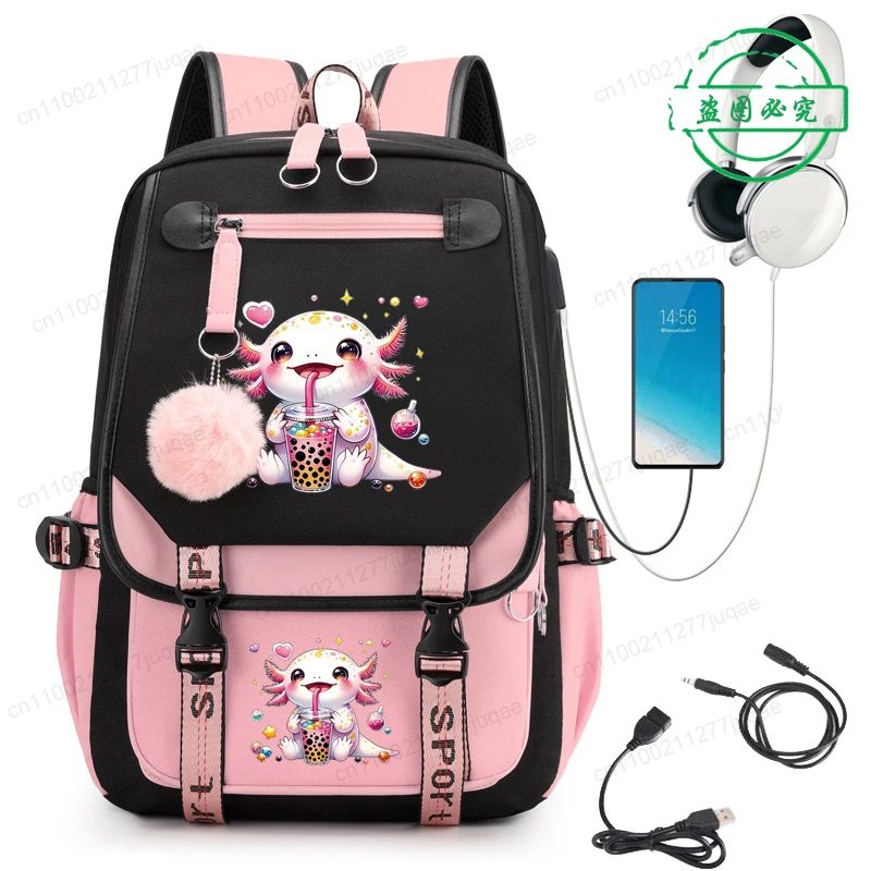Axolotl Drinking Boba Anime Backpack Teenager Backpack for Teenager Back To School Bookbags Fashion Trend Student Bagpack