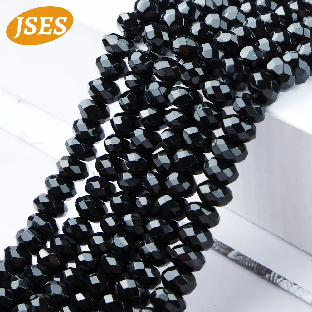 A+ Natural Black Agate Onyx Faceted Rondelle Beads for Jewelry Making DIY Charms Bracelet Earring