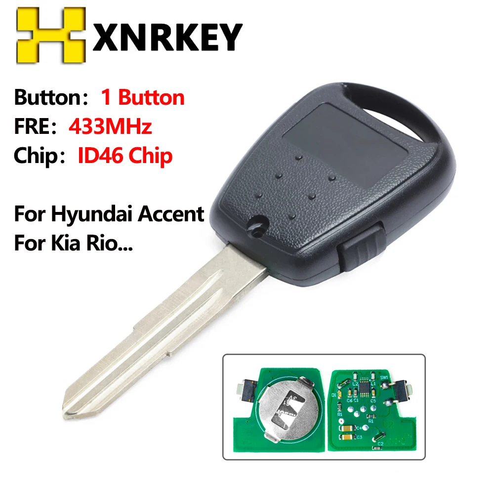 XNRKEY Replacement 1 Button Remote Key Fob For Hyundai Accent for Kia Rio Picanto Soul Venga Ceed No Light 433MHz ID46 Chip