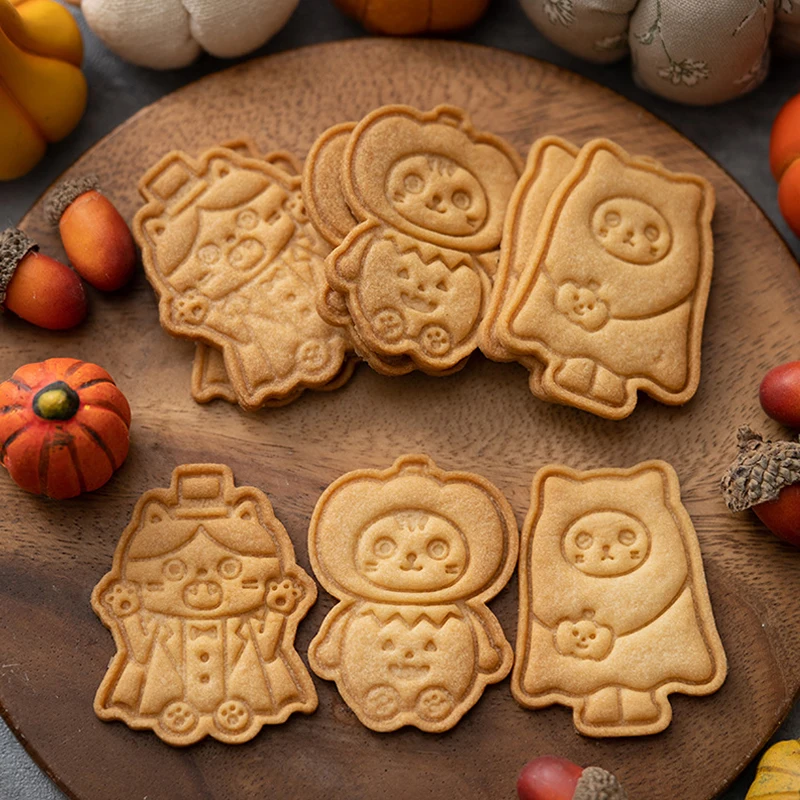 3Pcs Halloween Party Cookie Cutter 3D Plastic Skeleton Embosser Stamp Biscuit Mold Fondant Pastry Cartoon Cake Decoration