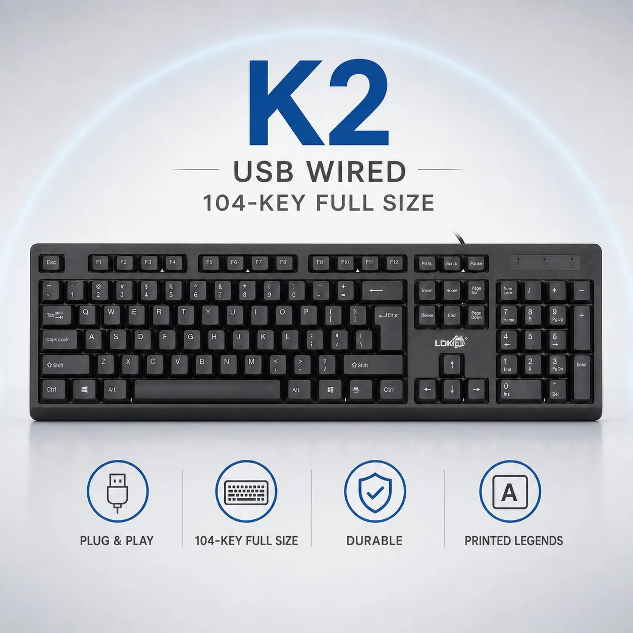 K2 Wired Office Keyboard 104 Keys Full Size USB Plug and Play Silk-Screen Keycap No Fade Quiet Typing Windows PC Desktop