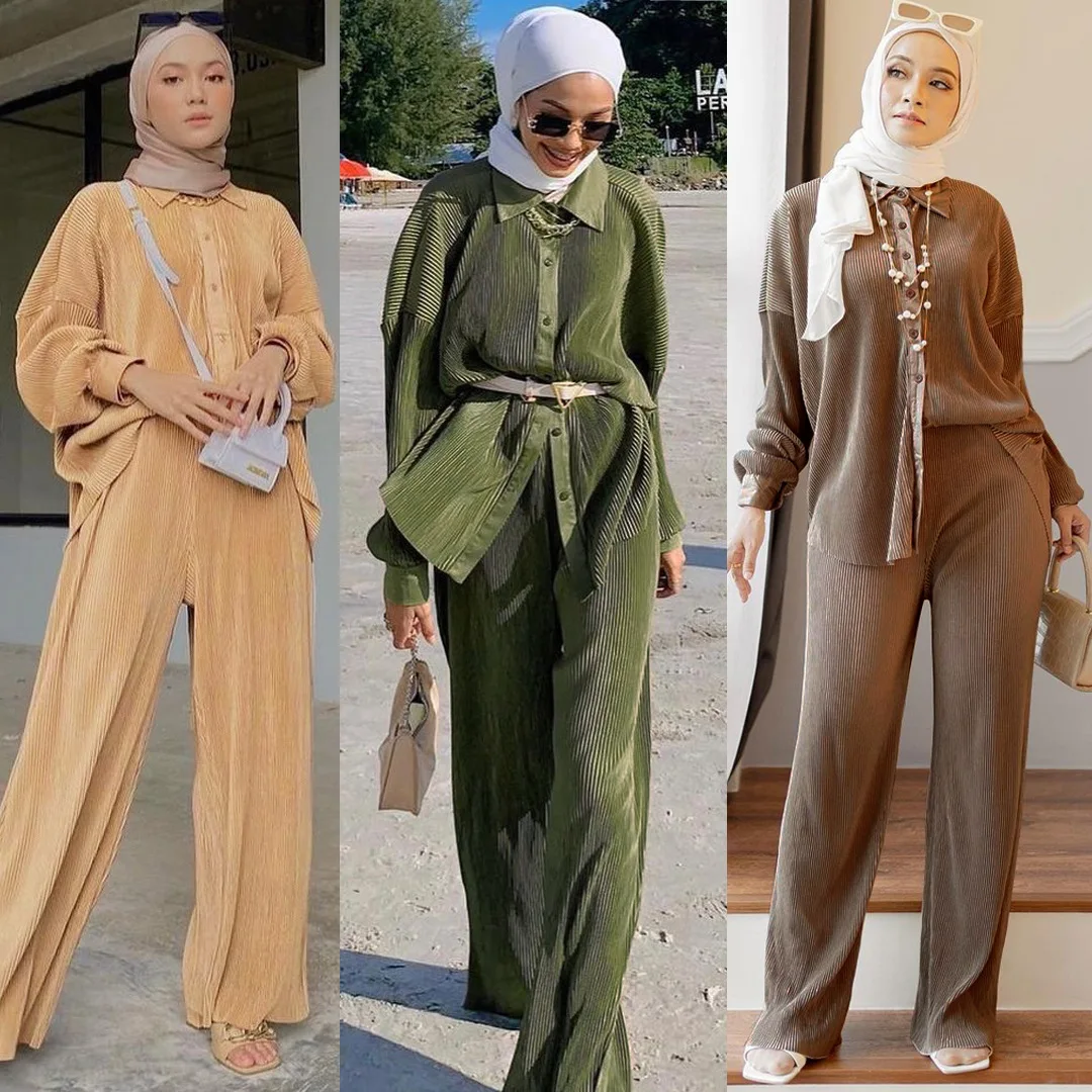 Oversize Blouses Trousers Pleated Women 2 Piece Outfit Tops and Pants Lounge Fashion Muslim Abaya Dress Islamic Kaftan Set Suits