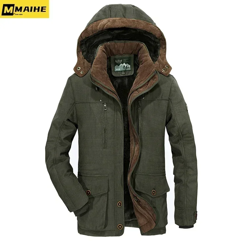 

2024 Winter Thicken Cotton Snow Ski Hiking Jacket Warm Middle Aged Army Green Work Coat With Removable Hood Parkas Men Clothing