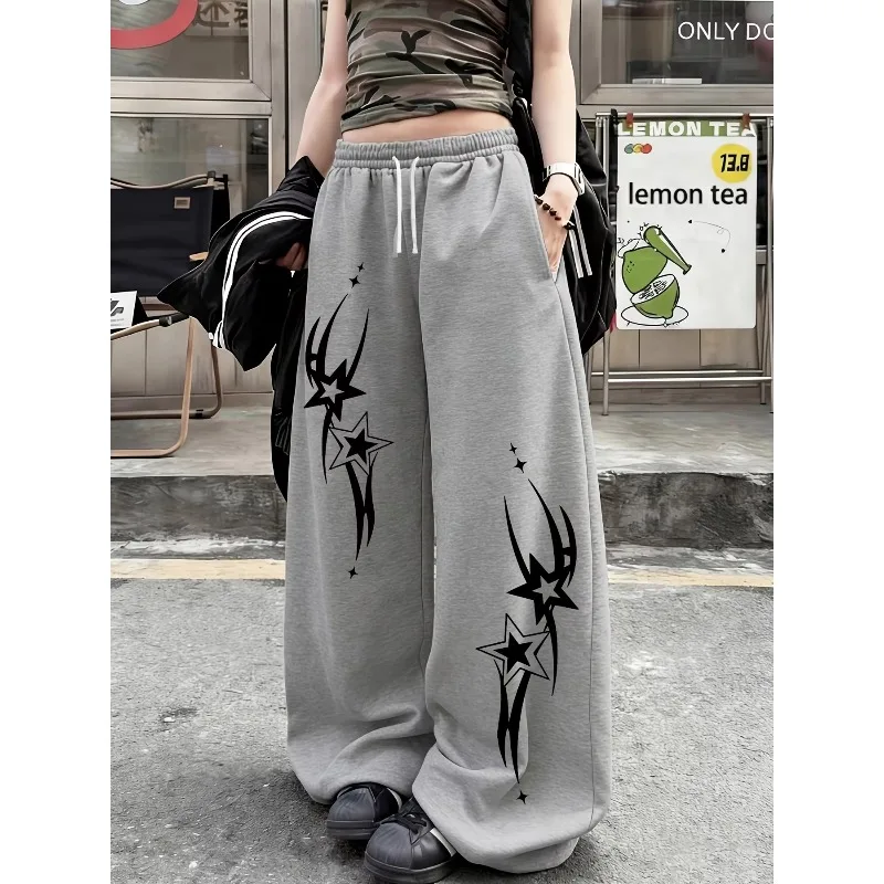 2026 Women's Street Style Casual Sweatpants with Star Print New Arrivals for Summer Autumn Fleece Loose Fit Streetwear Oversized