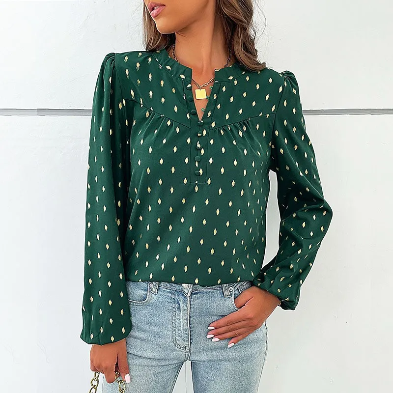 Dark Green Women's Elegant Shirt Long Sleeved With Polka Dot Hot Stamping Design V-neck Button Lantern Sleeve Spring New Product