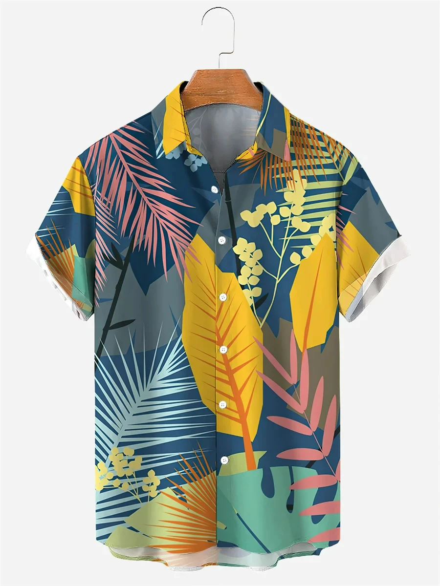 Men\'s Seaside Casual Tropical Plant Fun Print Women\'s Shirt Pattern Design Short Sleeve Shirt Button Up Fashion Top