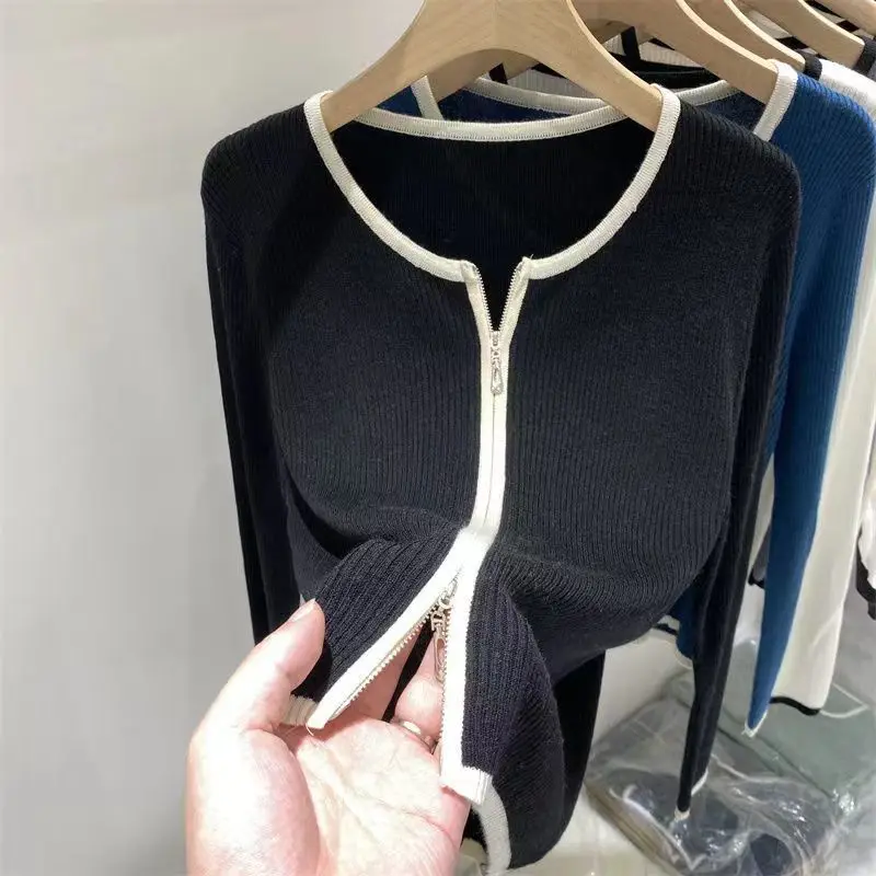 Knitting Cardigan Female Autumn Temperament Top Tee 2024 New Bottoming Shirt Fashion Zipper O-neck Long Sleeve Sweater Top Tee