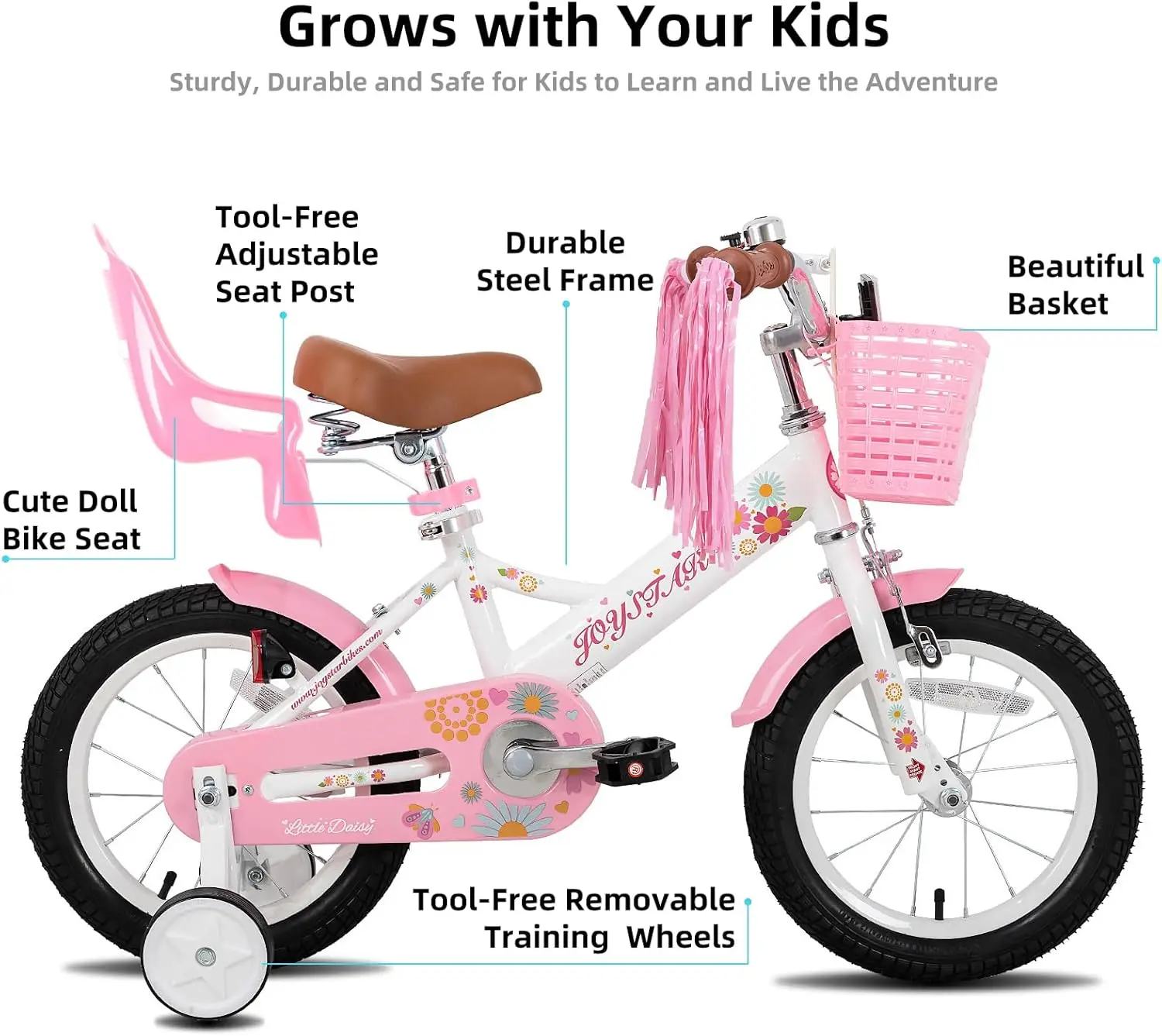Little Daisy Kids Bike for Girls Boys Ages 2-7 Years, 14 Inch Girls Bikes with Doll Bike Seat & Streamers, Boys Bike with