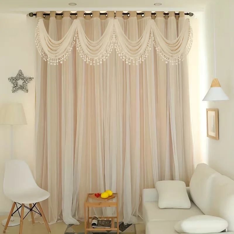 1pc Beige Double Layer Curtain with Lace Valance, Eyelet Sheer Overlay Curtain, Light Filtering Tassel Window Drapes for Bedroom