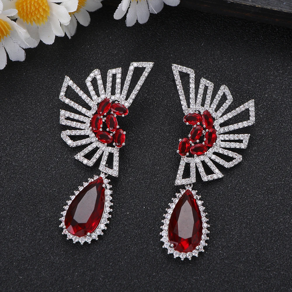 

1 Pair Silver Ruby Crystal Fan Drop Earrings for Glam Gala Fashion Women's Jewelry Gift for Anniversary