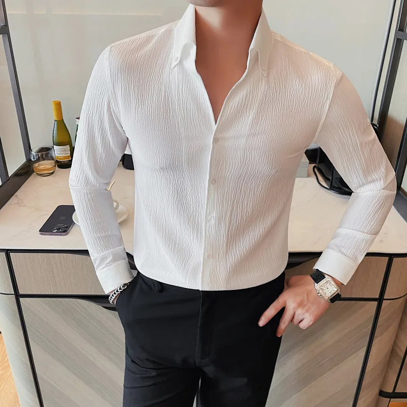 

British Style Autumn V-neck Long Sleeved Shirt for Men Solid Color Casual Business Dress Shirts male Social Party Tuxedo Blouse