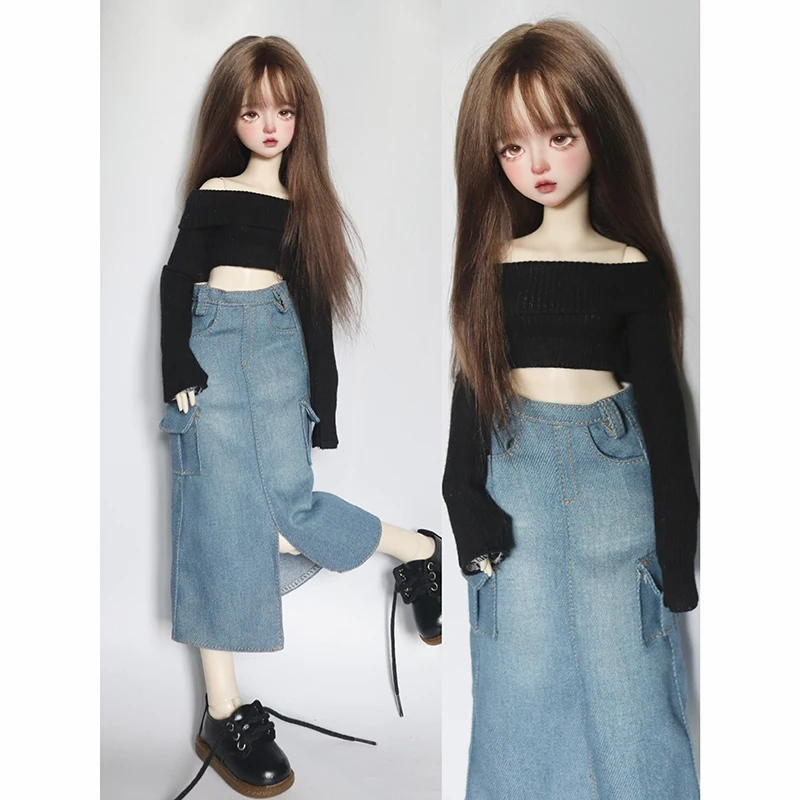 New (1/4 BJD Doll Clothes) Off Shoulder Sweater Knit Tops Split Denim Long Skirt Vintage Dress for 1/4 SD MSD Dolls Accessories