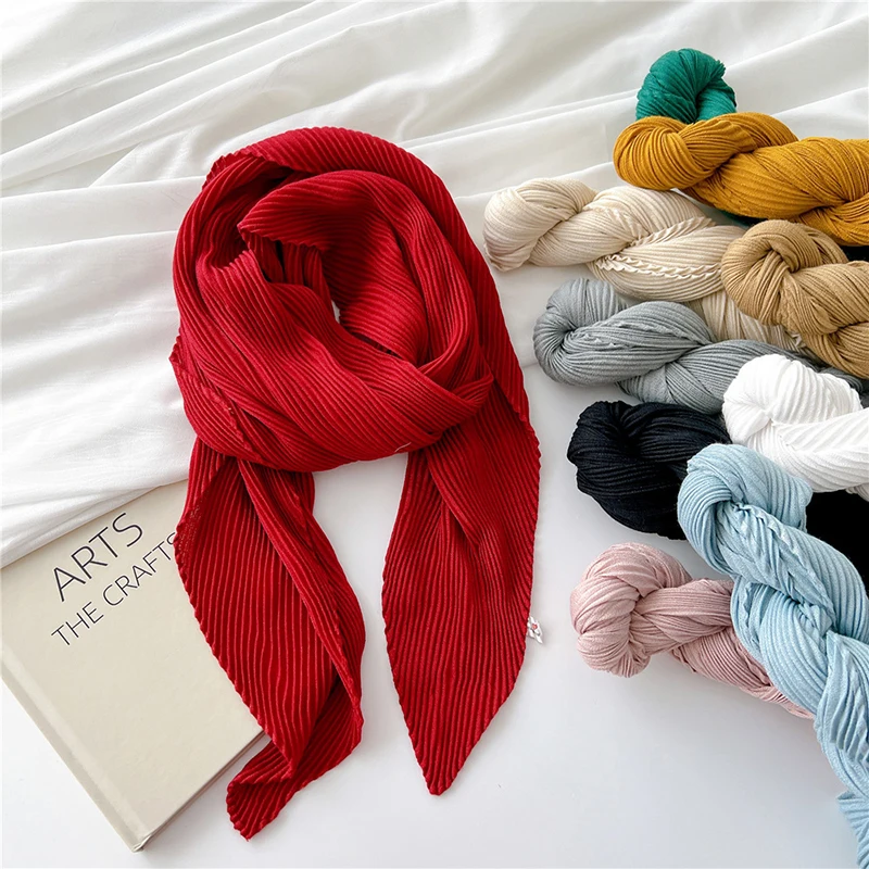 90X90cm Square Scarf Shawl Pleated Headscarf Headband Women Hijab Bandanna Foulard Muffler Wrap Solid Color Neckerchief Turban