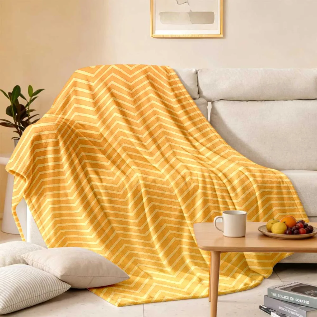 1pc Yellow Chevron Fleece Blanket 2D Printed Soft Cozy Flannel Throw Blanket for Bed Couch Sofa Camping Travel Warm Blanket Gift